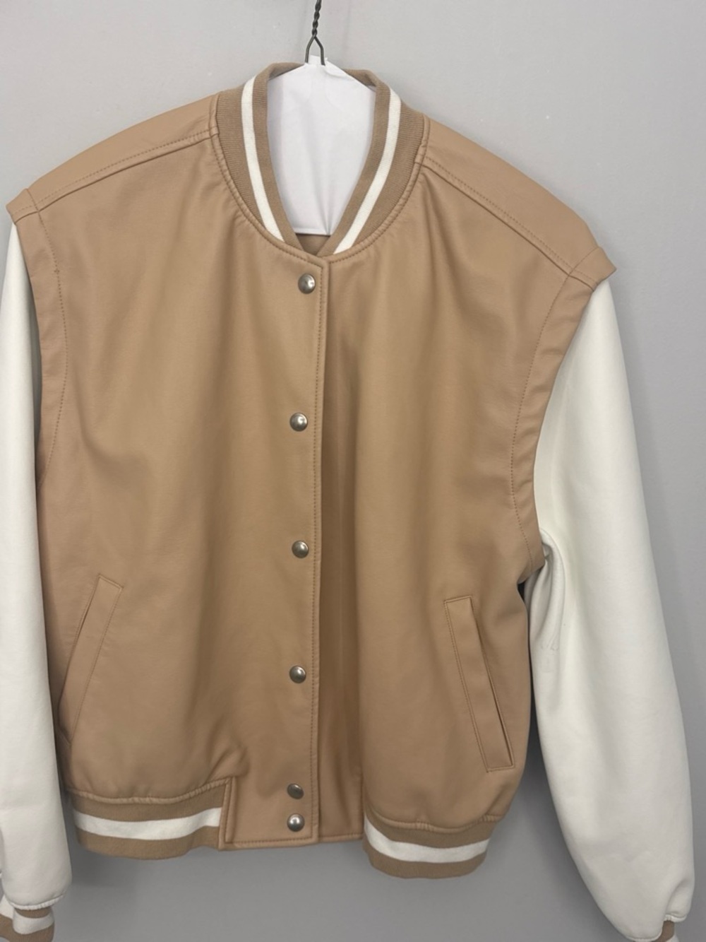 Blank NYC Tan and White Leather-Style Bomber Jacket